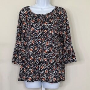 Michael Kors Boho Paisley Peasant Blouse Navy Rust Floral Bell Sleeve Top Size M